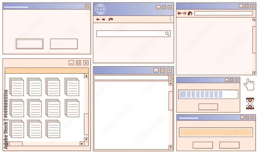 Fototapete retro style user interface mockup set - browser windows, panels with buttons, search bars and icons.