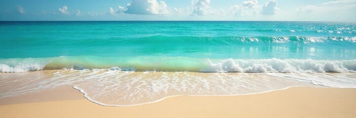 Obraz premium Golden sand meets turquoise ocean on a pristine, tranquil beach Waves gently lap the shore, creating a serene coastal scene perfect for relaxation and escape , waves, scenic