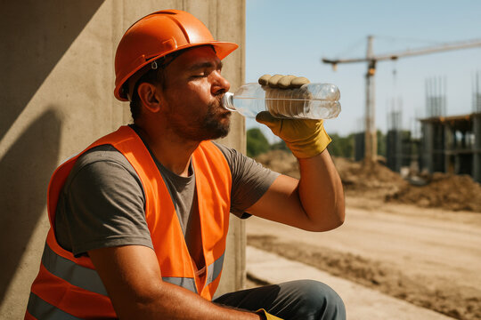 Construction worker wearing safety gear, taking a break to hydrate with water bottle, surrounded by construction site and machinery, emphasizing heatwave protection and health awareness