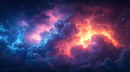 Fototapeta premium Fiery, stormy clouds with vibrant lightning