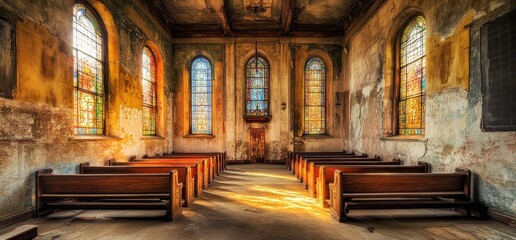 Fototapeta premium Sunlit Sanctuary: An Abandoned Church's Reverence