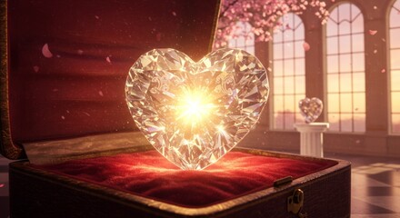 Heart Shaped Diamond in Gift Box Glowing with Light