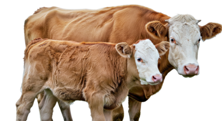 Simmental calf standing next to its mother, both with soft fur and distinctive white facial markings, isolated on white background 