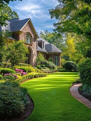 Fototapeta premium Luxury Home Landscape Design: A Picturesque Brick House Nestled in Lush Greenery