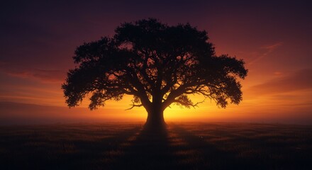 Lone Tree Silhouette at Golden Sunset Field Scenery