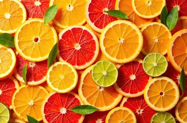 Obraz premium Juicy background of orange grapefruit and lime slice. Perfect banner for market with pattern from fresh citrus slices. Colorful fruits background for wall decoration. 