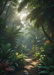 Thick, vibrant tropical foliage creates a dense, shaded understory ,  humid,  wet