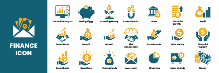 A finance icon set. Collection of economy, money, fund, investor and more. Vector illustration. Easily changes to any color