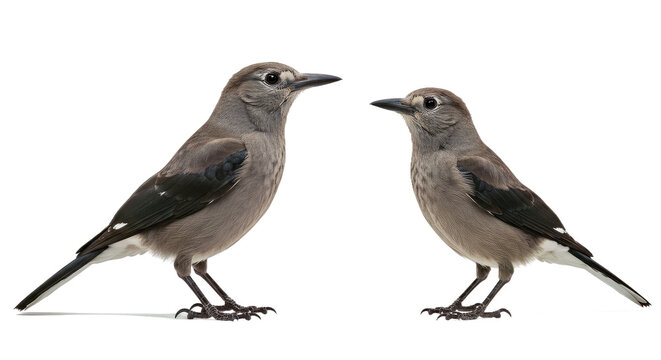 Two Clark&rsquo;s nutcrackers side by side, one slightly larger, both in alert stance, showing black and white tail feathers, isolated on white background 