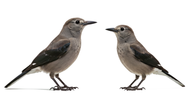 Two Clark’s nutcrackers side by side, one slightly larger, both in alert stance, showing black and white tail feathers, isolated on white background 