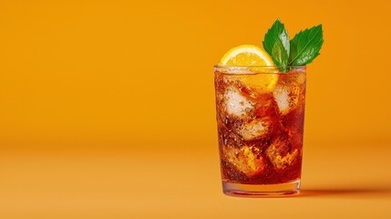 Refreshing iced cola drink in a glass with lemon and mint garnish on a vibrant orange background. The drink is bubbly and filled with ice cubes, creating a sense of summer refreshment.
