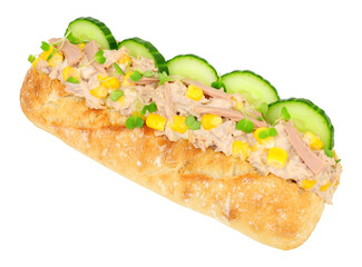 Tuna mayonnaise and sweetcorn sandwich with cucumber in a crusty baguette sub isolated on a white background