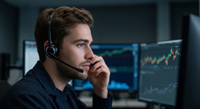 Focused Stock Trader at Work Station - Powered by Adobe