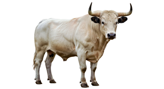 White Park bull facing camera, muscular build, white coat with black-tipped nose and ears, curved upward horns, isolated on white background