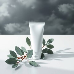 Photorealistic Mockup White Lotion Tube with Eucalyptus Leaves, Minimalist Aesthetic