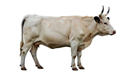 White Park cow standing in full side profile, white coat with black ears, nose, and eye rings, long upturned horns, isolated on white background 