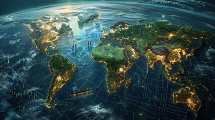 Aerial view of earth with glowing cities and grid lines depicting shipping routes and naval vessels