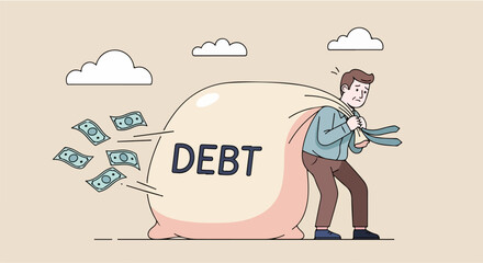 Illustration of a man carrying a large sack labeled debt, symbolizing financial struggles and challenges in managing loans or liabilities. Ideal for topics like debt management, financial strain, and 