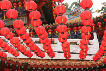 Naklejka premium Red Chinese lantern decorations at Tian Hou Temple in Kuala Lumpur, Malaysia, to celebrate Chinese New Year.