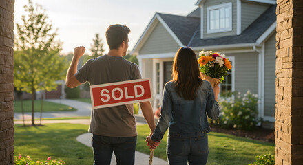 Couple celebrates new home purchase, holding flowers and "Sold" sign at sunset.