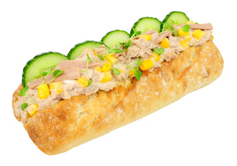Tuna mayonnaise and sweetcorn sandwich with cucumber in a crusty baguette sub isolated on a white background