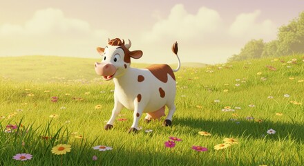 Cartoon Cow Standing in a Flower Meadow on a Sunny Day