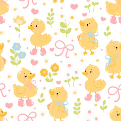 Cute Duck Seamless Pattern with Bows and Flowers, Pastel Yellow Baby Duckling Spring Background
