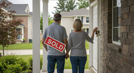 Mature Couple Holding "Sold" Sign, New Home Keys, Suburban Setting