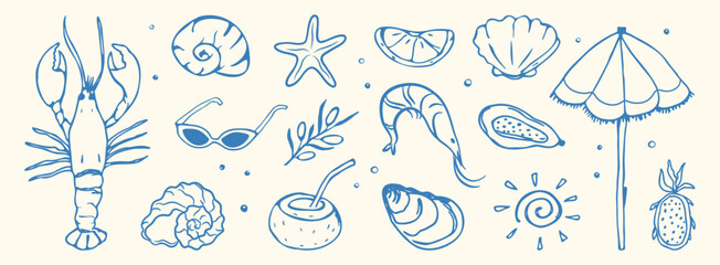 Hand drawn summer set. Italian foods, lobster, oyster, olive, lemon, shell. Greece beach, doodle greek seafood, coast sea blue elements for placard, Italy menu, sketch, poster, wedding. Vector illustr