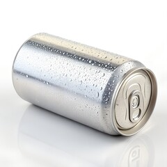 Aluminum Drink Can with Water Droplets on White Background