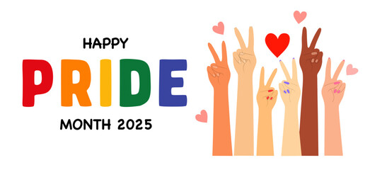 Multicultural hands with hearts and peace gestures celebrating Pride Month 2025 rainbow typography, Flat Illustration

