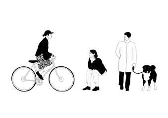People/ characters in elevation view - 2D- transparent png- person riding a bike- person walking his dog Stylish and fashionable people- black and white