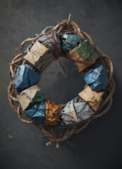 Abstract macro shot of intertwined recycled materials forming a recycling symbol shape , recycle,  environment,  natural