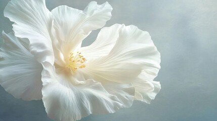 Obraz premium Close-up of a white flower with a yellow center. the flower is in full bloom, with its petals spread out in a fan-like shape. the petals are delicate and have a soft, velvety texture.