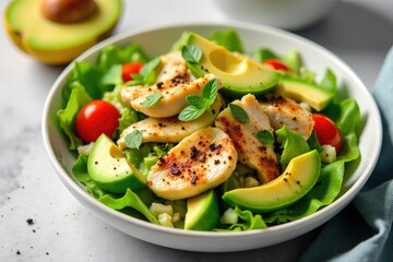 A vibrant summer salad with grilled chicken, fresh avocado, and a light lemon vinaigrette, perfect for a healthy and satisfying lite dinner , vegetables, protein