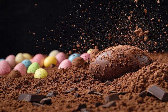 Broken chocolate Easter egg spills colorful pastel mini eggs and cocoa all around, creating a festive mess during the holiday season