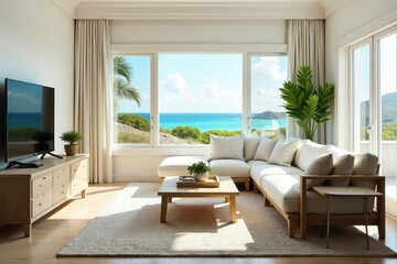 Fototapeta premium Bright, airy living room with open windows, sun-drenched furniture, and coastal decor Perfect for summer vibes and vacation rentals Enjoy the relaxed atmosphere and natural light , patio, airy, home