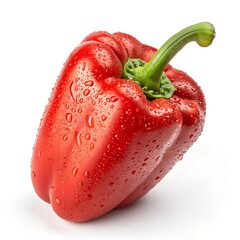 A Fresh Red Bell Pepper with Water Droplets on White Background