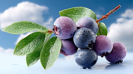 Bunch of blueberries with a leaf on top. The leaf is wet and the berries are shiny