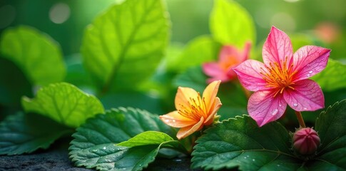 Close-up of lush green leaves and vibrant flowers, dewy and glistening with morning mist, suggesting natural beauty and skincare ingredients , leaf, petal, fresh
