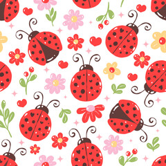 Ladybug Seamless Pattern with Colorful Flowers, Cute Red Insect Spring Background Design © ChonnieArtwork 