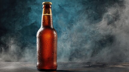 A chilled beer bottle covered in condensation stands prominently against a dark background, highlighting freshness.
