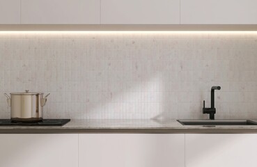 Kitchen cabinet counter with marble countertop, induction stove, pot, sink in sunlight on white mosaic splash back wall for interior design decoration, cooking, food, kitchenware product background 3D