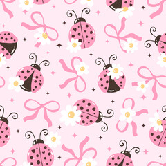 Ladybug Seamless Pattern with Colorful Flowers, Cute Red Insect Spring Background Design © ChonnieArtwork 