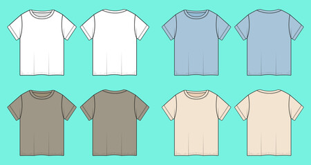 Crew neck Short sleeve Boys t-shirt colour way sets fashion flat sketch CAD mockup front and back views.