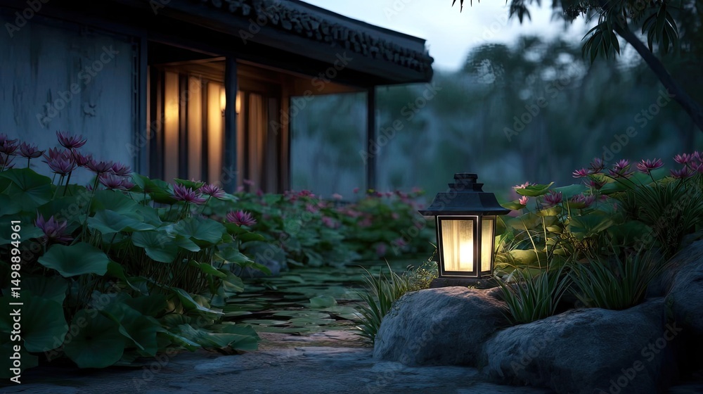 Poster tea pavilion with minimalism and rock by lantern concept. a serene evening scene with a glowing lant