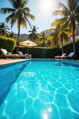 Obraz premium Inviting blue swimming pool shimmering under the summer sun, ready for a refreshing dip Perfect for summer vacation, relaxation, and outdoor fun , fun, clear