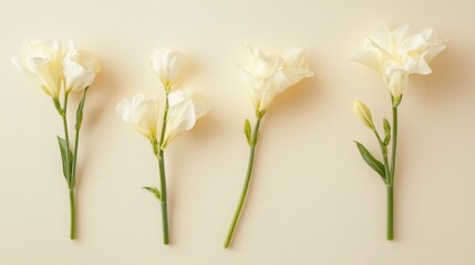 Four white flowers arranged in a row on a plain beige background. the flowers have long, thin stems and are arranged in two rows of three.