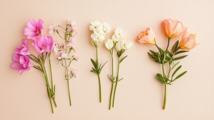 Obraz premium Four different types of flowers arranged in a row on a light pink background. on the left, there are six pink and white flowers with long stems and green leaves.
