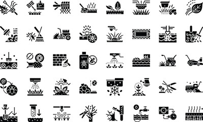 Gardening and landscaping black glyph icon set lawn care essentials